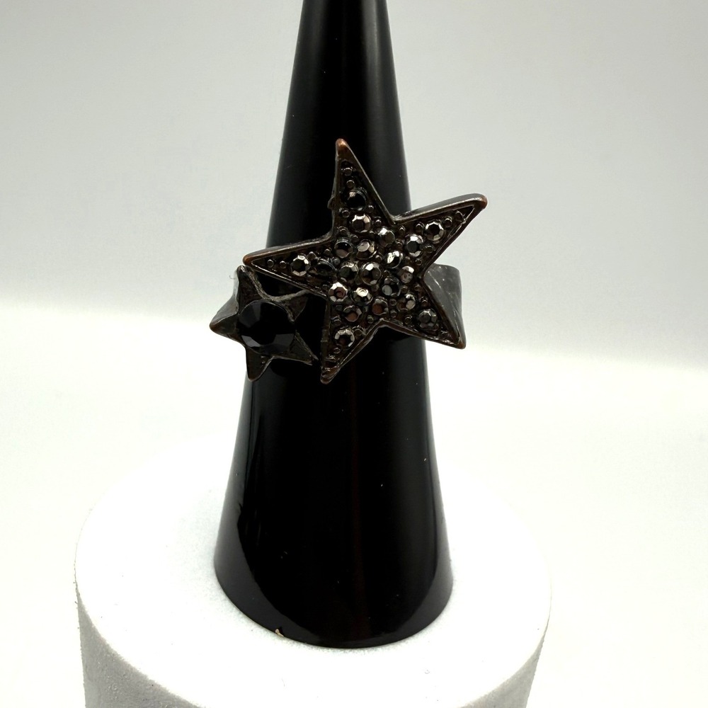 Celestial Double Star Rhinestone Statement Ring Gunmetal Tone Size 6.5